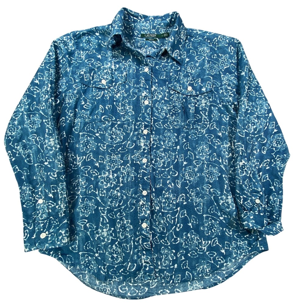 Lauren Ralph Lauren Womens Large Blue Floral Print Boho Chic Cotton Seersucker